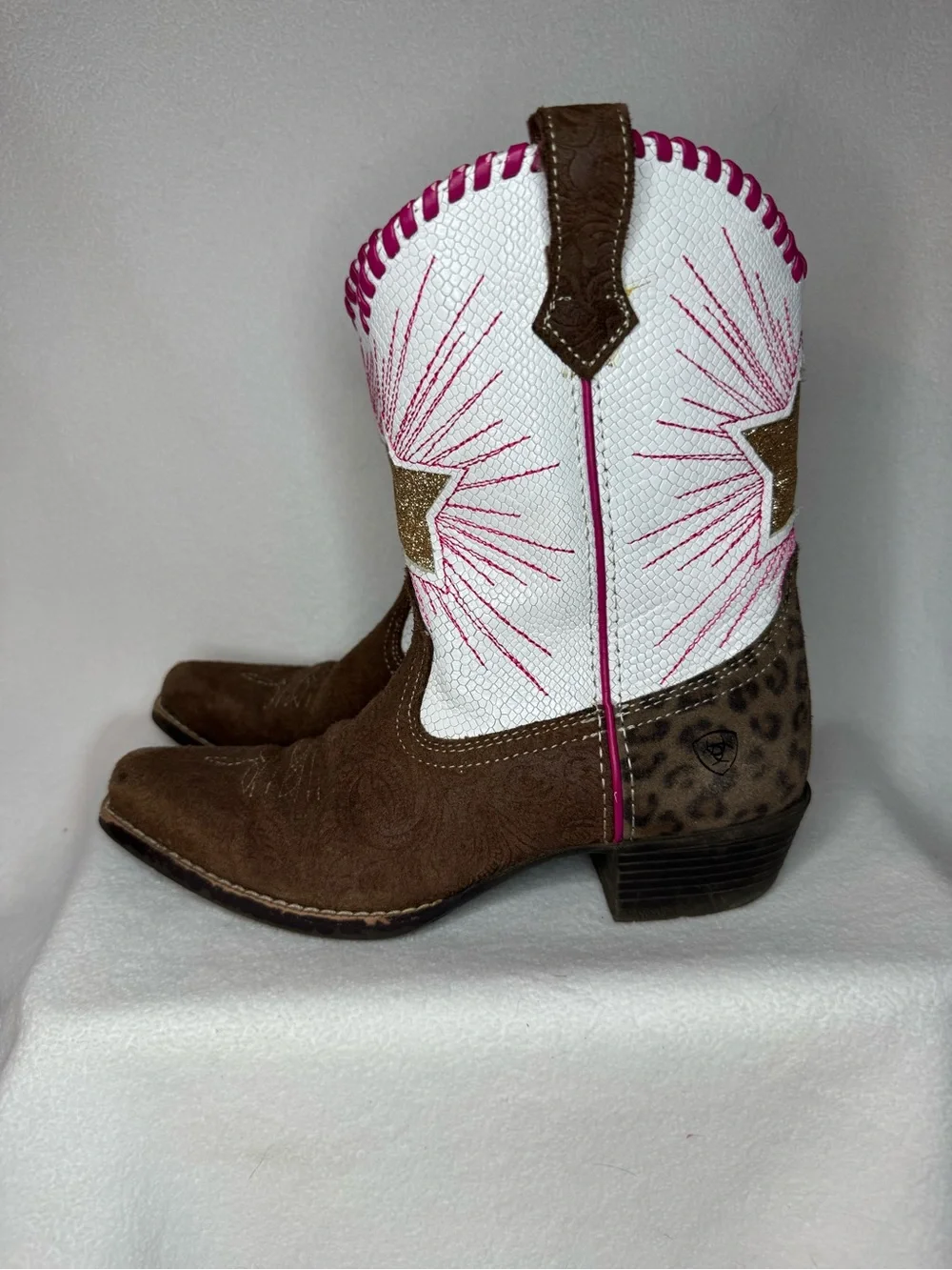 Ariat Girls Cowboy Boots Size 2 Brown Pink White Glitter Star Leopard Western